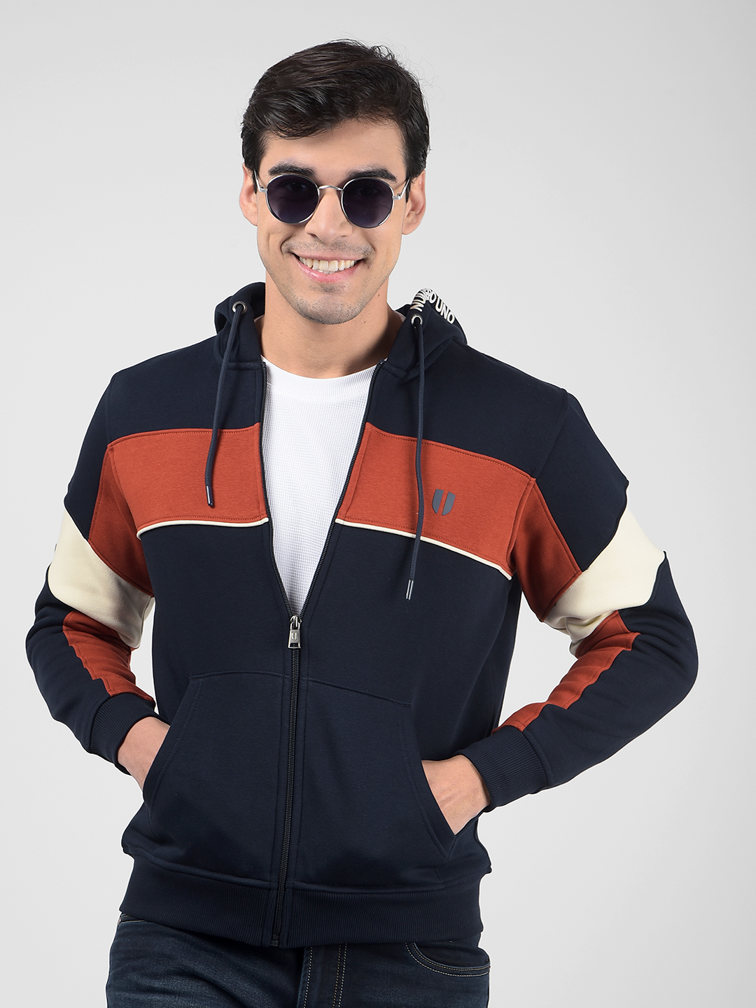 Numero Uno Men Blue Color Block Front Open Zipper Sweatshirt